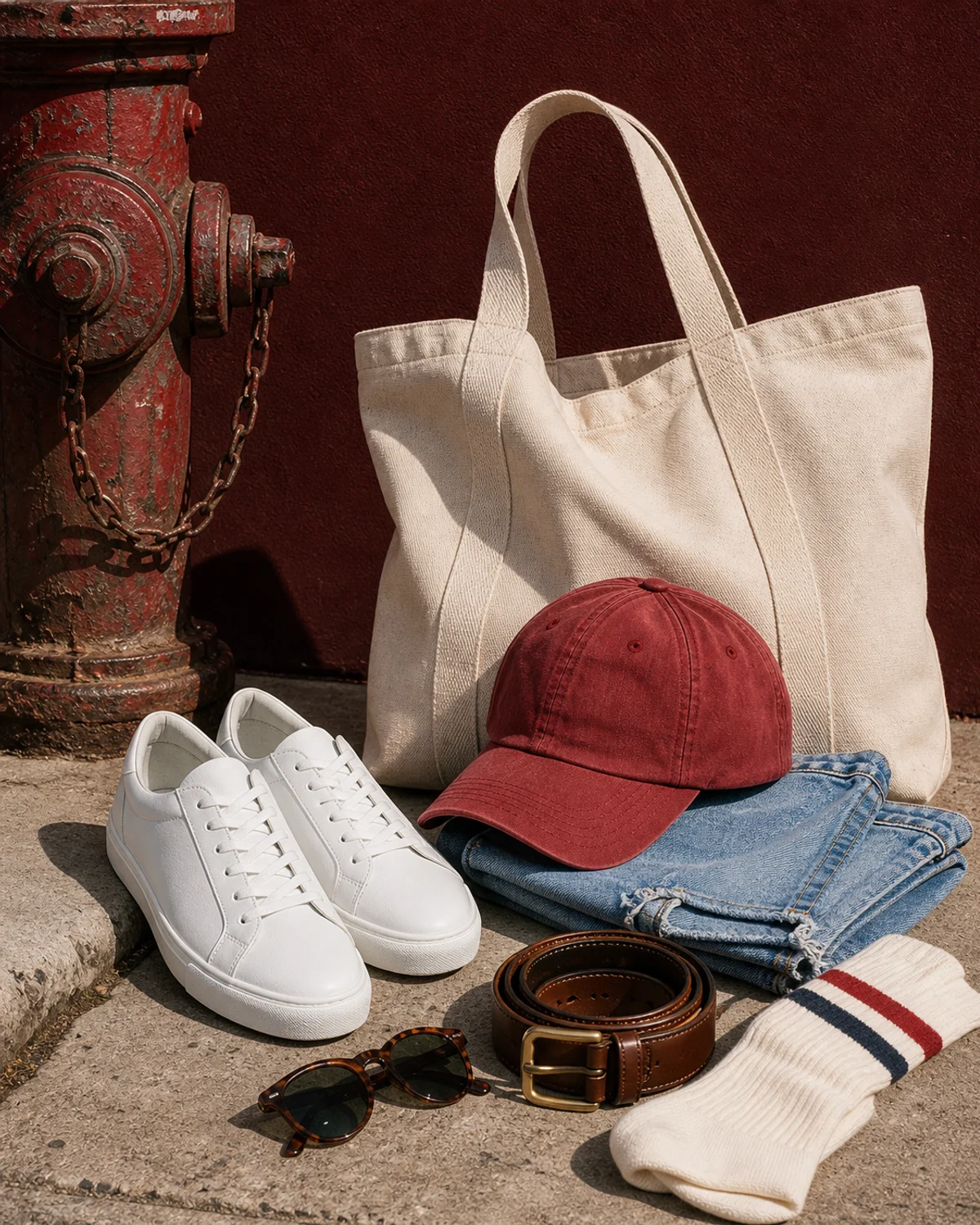 Caps, totes, socks, and clean white kicks