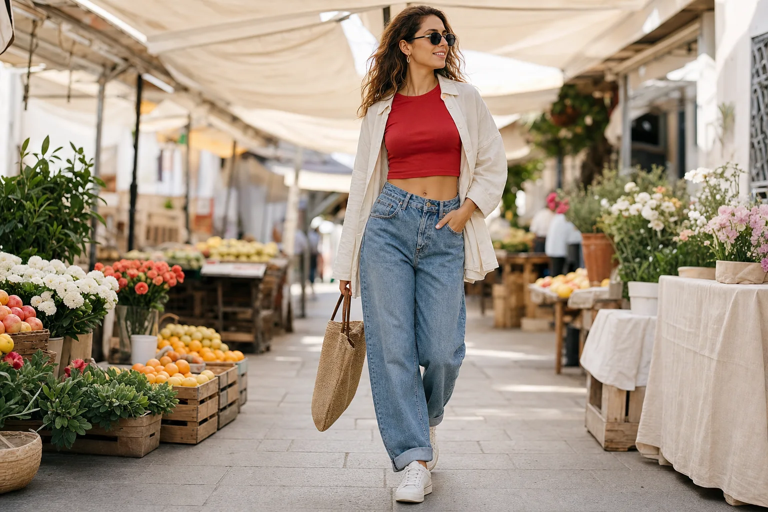 Red tees, denim shorts, and city-ready layers