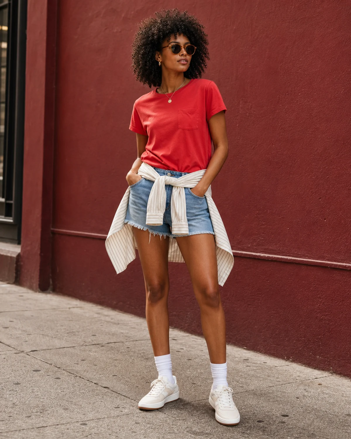Red tees, denim shorts, and city-ready layers